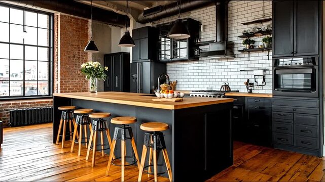 Modern kitchen interior with island stools brick wall and wooden floor
