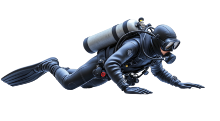 Scuba diver in black wetsuit and gear isolated against a black background