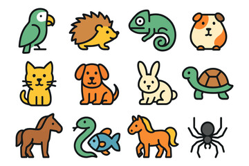 Naklejka premium A collection of cute animal icons, including a dog, cat, rabbit, turtle, and bird. Vector. 