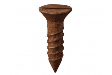 Rusty metal screw displaying extensive corrosion and age. Fastener tool detail on transparent background
