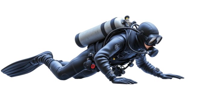 Scuba diver in black wetsuit and gear isolated against a black background