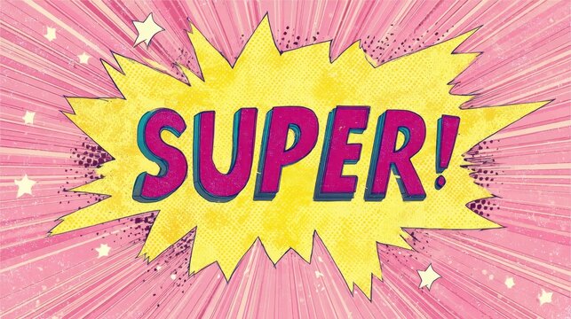 Super word in comic book style speech bubble. Pop art background with explosion element and halftone dot texture. - Powered by Adobe