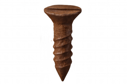 Rusty metal screw displaying extensive corrosion and age. Fastener tool detail on transparent background