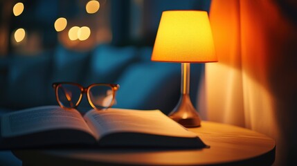 Open book with reading glasses rest on a wooden table, illuminated by a warm lamp light in a cozy and dark room. Relaxing evening pastime concept.