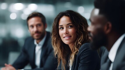 Diverse business professionals engaged in a collaborative discussion in a modern office setting