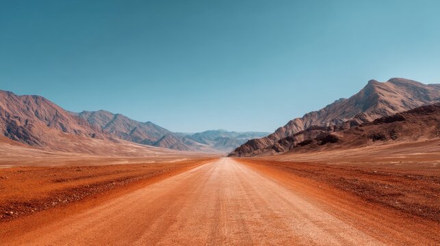 Long dirt road extending through a vast red desert landscape with mountains under a clear sky. Travel, journey, and adventure concept. - Powered by Adobe