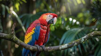  A Solitary Scarlet Macaw Finds Rest on an Overgrown Branch Amidst the Humid Jungle Air.