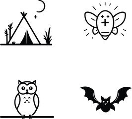 Nocturnal Nature Icon Grid Vector Featuring Tent, Firefly, Owl, and Bat in Minimalist Camping and Wildlife Line Art Style