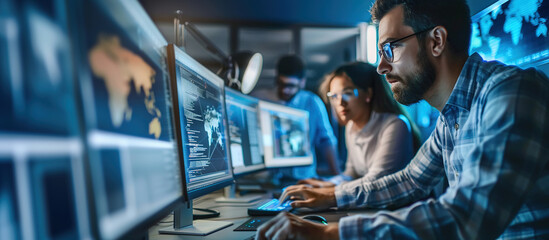 Tech Team at Work: A dedicated team of professionals intently monitors complex data on multiple screens in a modern, tech-driven environment. 