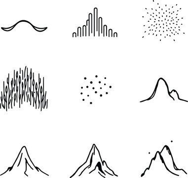 Data and Mountain Icon Grid Vector Featuring Bell Curves, Histograms, Scatter Plots, Peaks, and Contour Shapes in Line Art