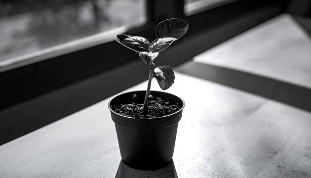 A monochromatic picture showcases a small plant sprouting from a black pot, positioned on a light-toned surface. The backdrop suggests a window