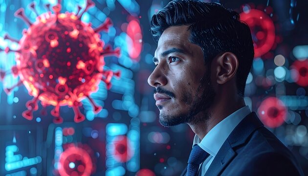 A man in a suit looks pensively to the right, a backdrop of glowing, spherical shapes and digital lines. The focus is on his determined face