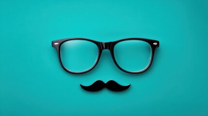 Black frame eyeglasses and a mustache. Creative face made from hipster accessories for Father's Day or Movember.
