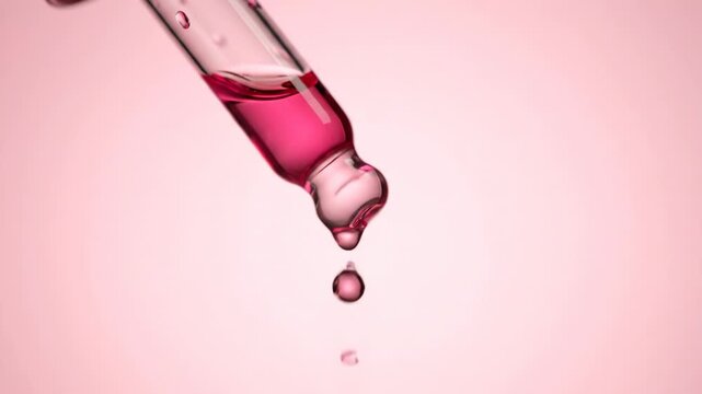 A closeup shot of a glass dropper with pink liquid dripping from its tip against a soft pink background vector illustration
