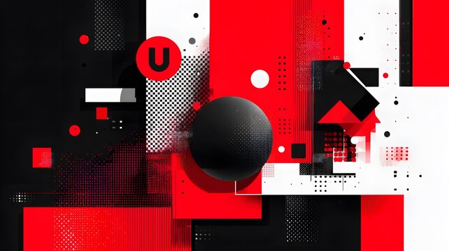 Dynamic Abstract Composition with Red Black and White Geometric Shapes.