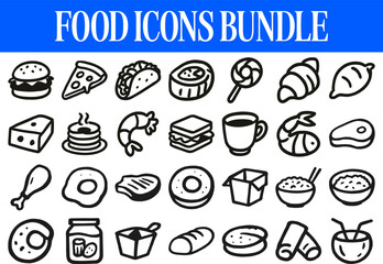 Food Icons Bundle – Doodle Style Vector Illustrations of Meals, Snacks, and Drinks for Menus, Branding, and Design Projects