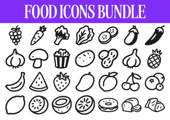 Fruits and Vegetables Icons Bundle – Doodle Style Food Illustrations for Healthy Living, Organic Market, and Eco Design Projects