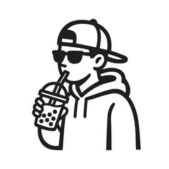 Minimalist black and white vector illustration of a cool young man wearing a hoodie and a cap sipping a bubble tea drink through a straw