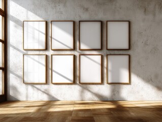 A wall with six white frames on it