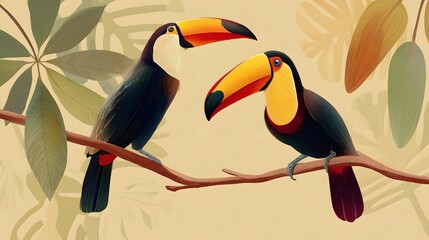 An artistic and vibrant depiction of two toucans perched together on a branch, showcasing their colorful beaks and tropical surroundings.
