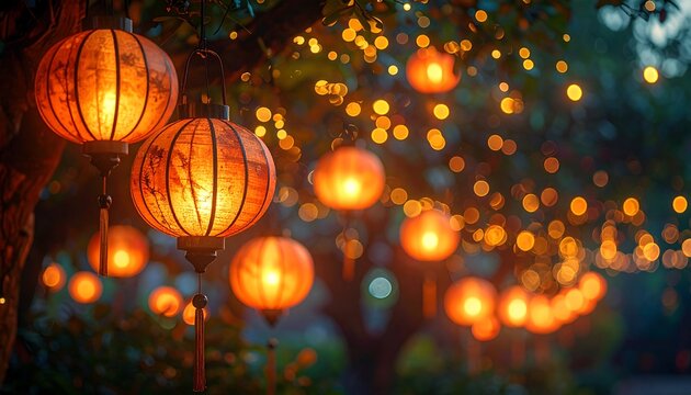 A nighttime scene showcasing round, illuminated paper lanterns hanging amongst lush greenery. The warm orange glow contrasts the dark backdrop