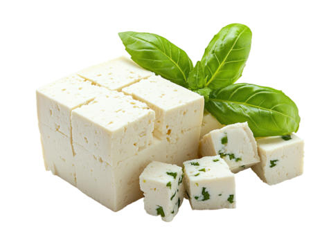 Cubed tofu block with basil, some cubes with green specks on a black background
