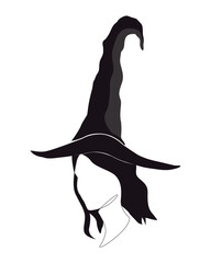 Silhouette of beautiful witch girl in pointy hat in profile. Isolated hand drawn vector illustration