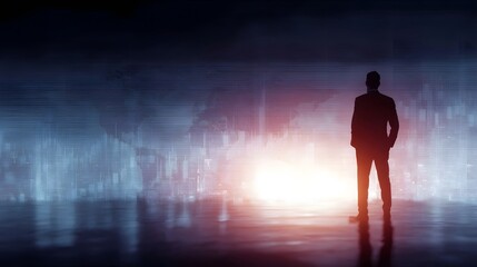 A businessman stands looking towards a glowing abstract global financial data visualization representing strategy and future growth
