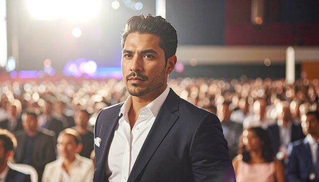 A man in a suit stands confidently before a large audience, lit by stage lighting. The crowd is blurred, focusing attention on the subject
