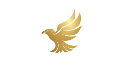 A gold-colored eagle is depicted mid-flight against a clean, white background. Its wings are spread, showcasing elegance and strength. The artwork appears simplistic yet majestic