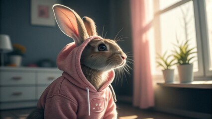 Cute anthropomorphic bunny character in hoodie costume, ideal for storytelling and children&rsquo;s illustration references.