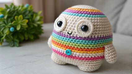 Handcrafted crochet monster toy emphasizing yarn detail and textile craftsmanship, ideal for handmade product showcases.