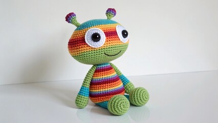 Funny colorful crochet alien toy representing joy and creativity, photographed for children&rsquo;s design themes.