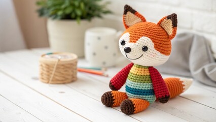 Playful handmade fox plush symbolizing creativity and joy, designed for kid-friendly and homey visuals.