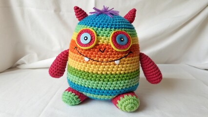Cheerful handmade monster plush designed in vivid rainbow colors, perfect for children&rsquo;s toys and playful craft visuals.