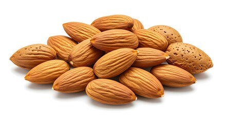 A close-up of a pile of shelled and unshelled almond nuts against a stark white backdrop