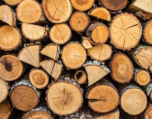 A close-up of a pile of cut logs, showing the texture and grain of the wood