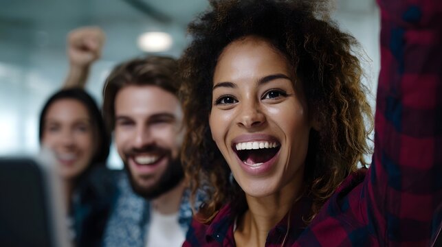 A diverse team of professionals celebrating a successful achievement in a modern office environment - Powered by Adobe