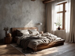A wooden bed with a white comforter and pillows