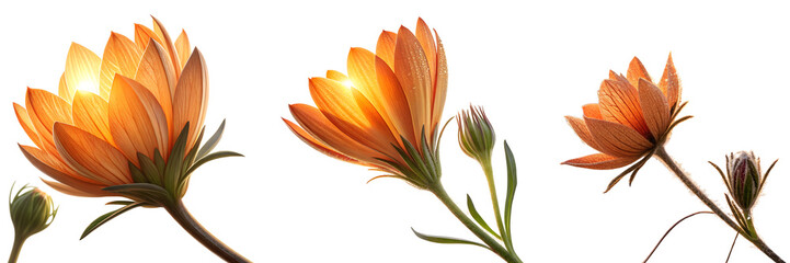 Set of orange flower bud at sunrise. The delicate texture and warm light on a transparent background