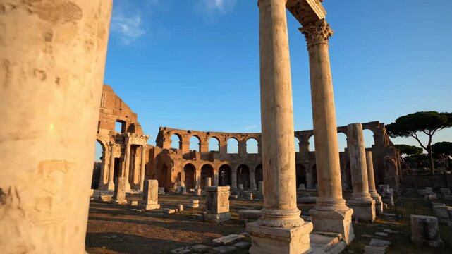 Ancient Roman Ruins and Historical Columns at Sunset in Italy