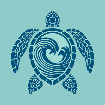 Sea turtle with ocean waves in shell graphic on light blue background