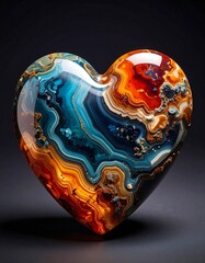 A close-up of a polished heart-shaped gemstone with colorful, swirling patterns