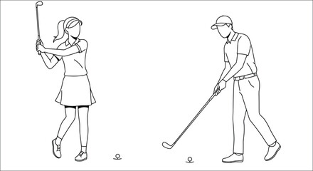 A simple black and white illustration of a man and woman golfing