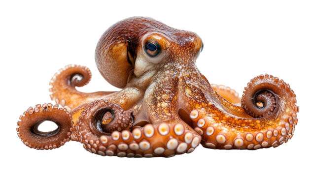 Detailed octopus with curled tentacles against a black background