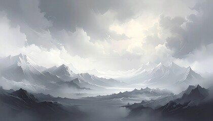 A monochromatic vista of a mountain range shrouded in mist beneath a cloudy sky. Sunlight peeks through, illuminating peaks