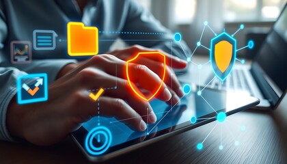 Person using tablet with glowing shield and digital security icons technology protection