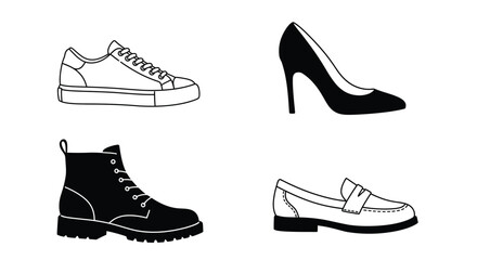 A simple illustration displaying four distinct types of footwear in black and white