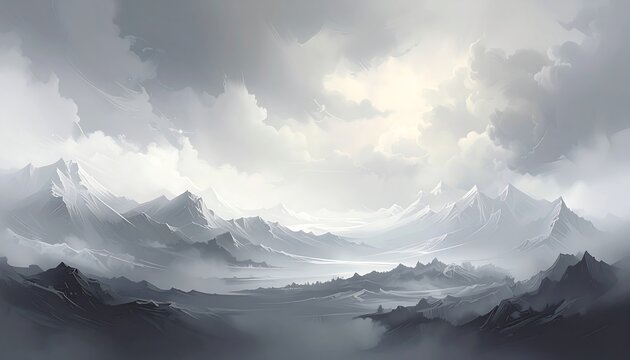 A monochromatic vista of a mountain range shrouded in mist beneath a cloudy sky. Sunlight peeks through, illuminating peaks