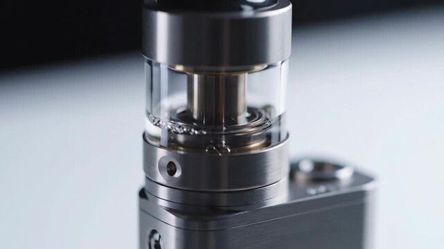 Close-up View of Modern Vape Device with Clear Tank and Metal Finish